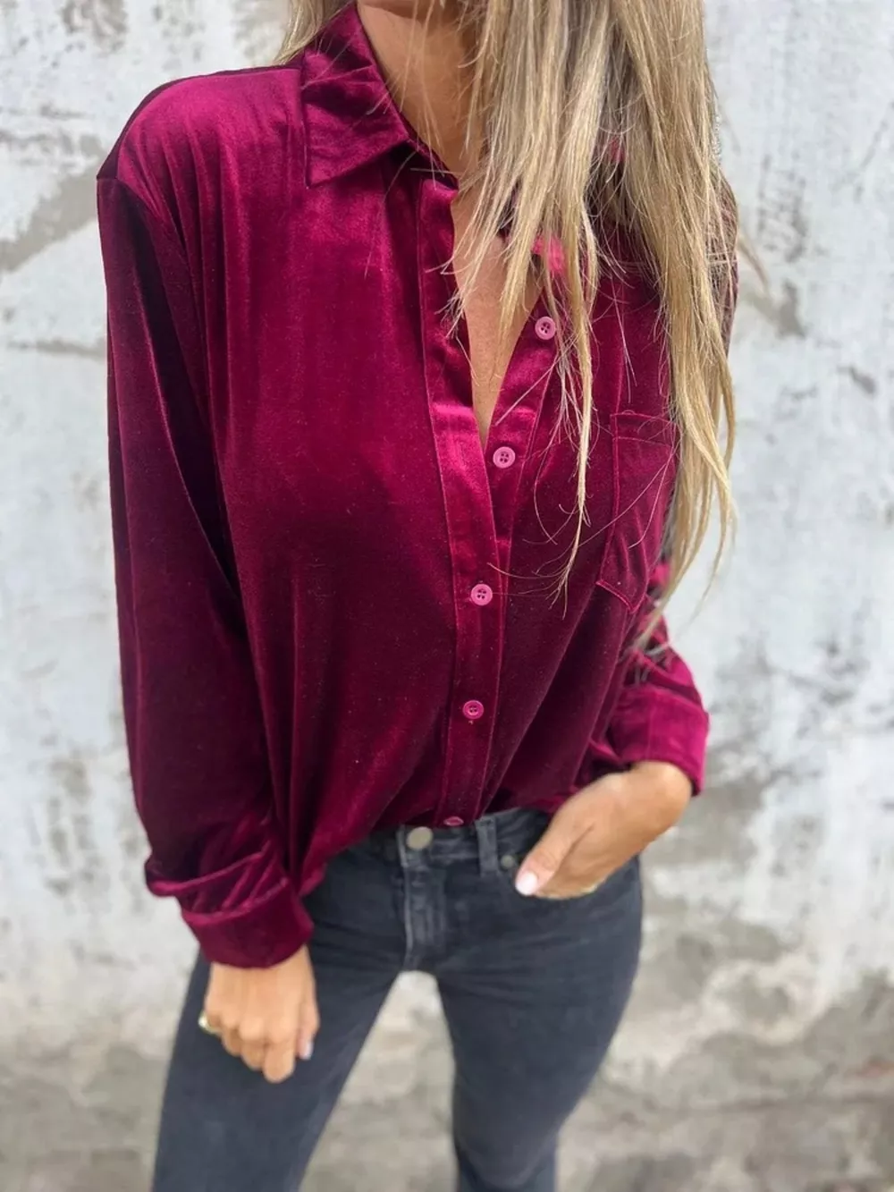 Full Size Velvet Button-Up Long Sleeve Shirt Plus Size, image 6