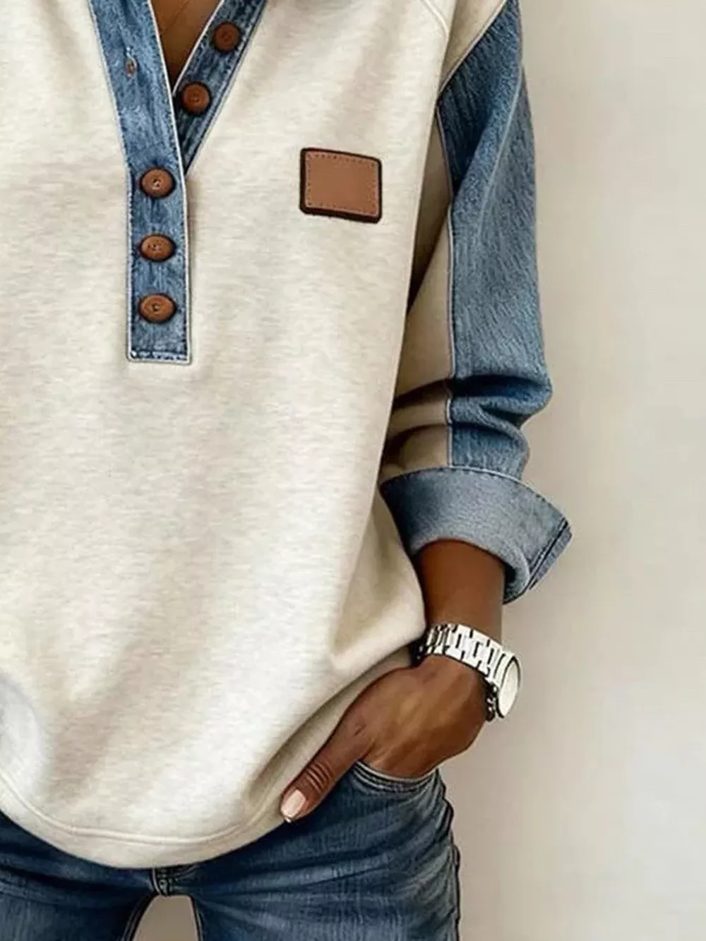 Contrast Denim Patchwork Polo Collar Long Sleeve Top, image 3