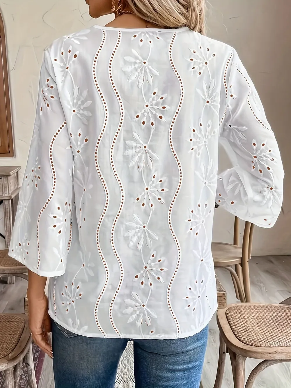 Eyelet Embroidered Notched Blouse, image 3