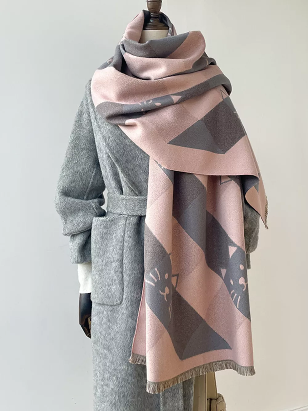 Cute Cat Pattern Plaid Raw Hem Scarf, image 4