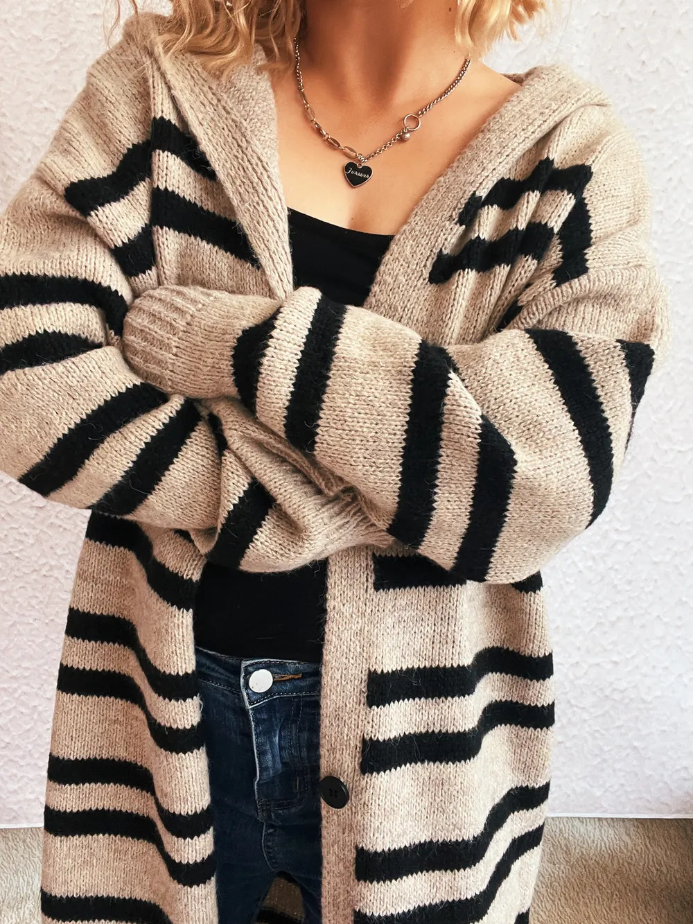 Striped Open Front Hooded Cardigan, image 7