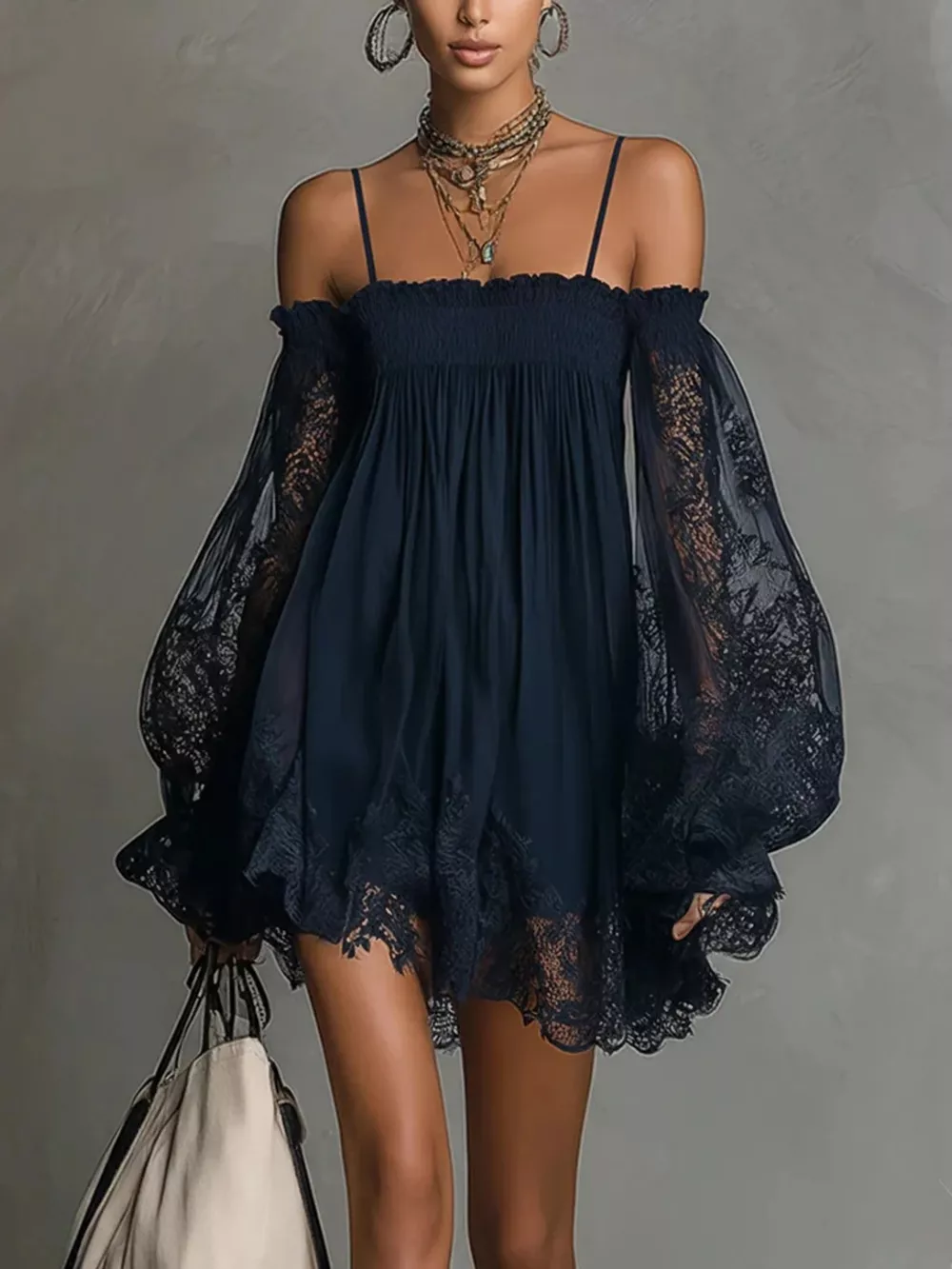 Spaghetti Strap Lace Flounce Sleeve Mini Dress