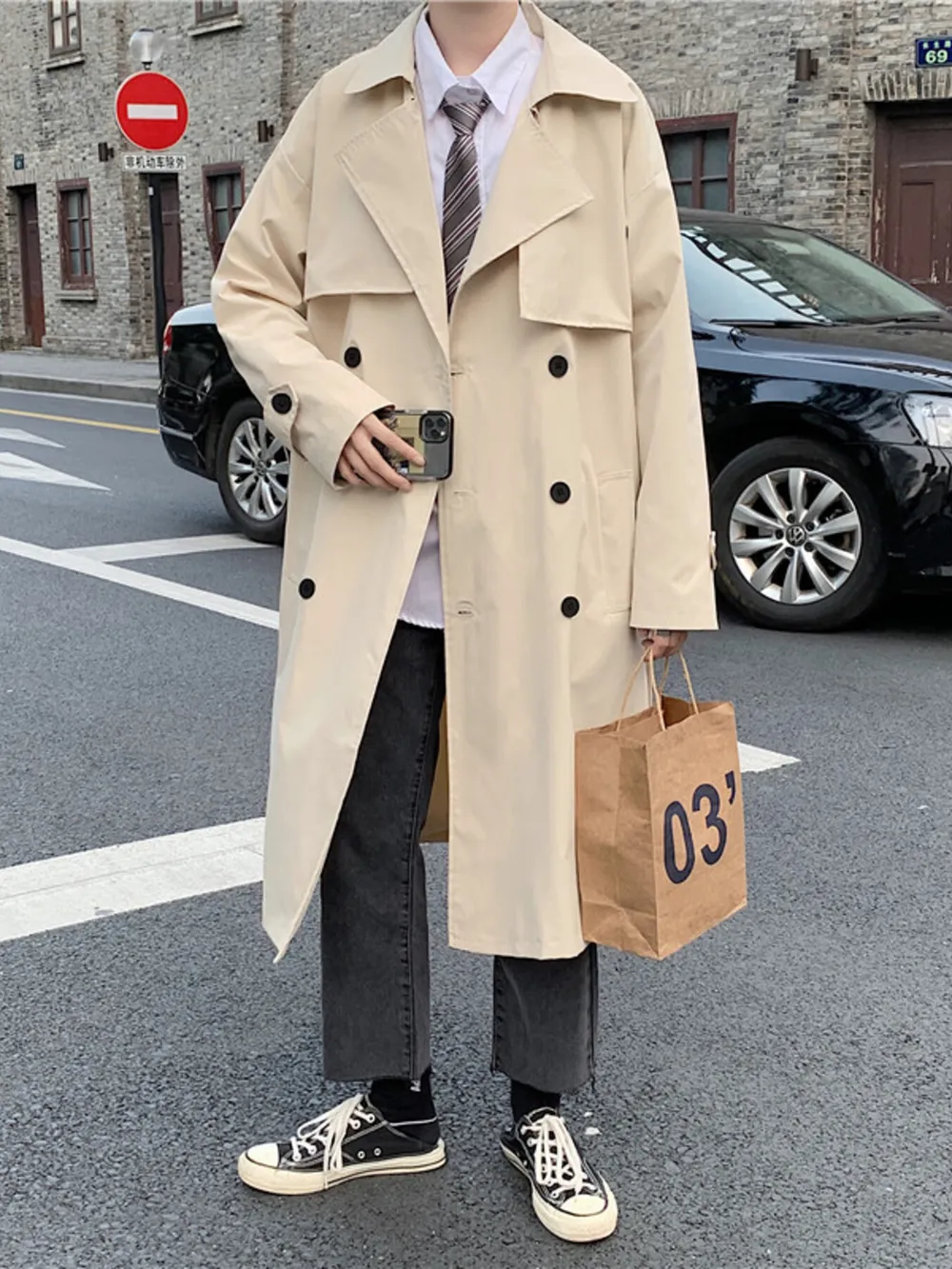 Men's Collared Neck Long Sleeve Double-Breasted Trench Coat, image 4