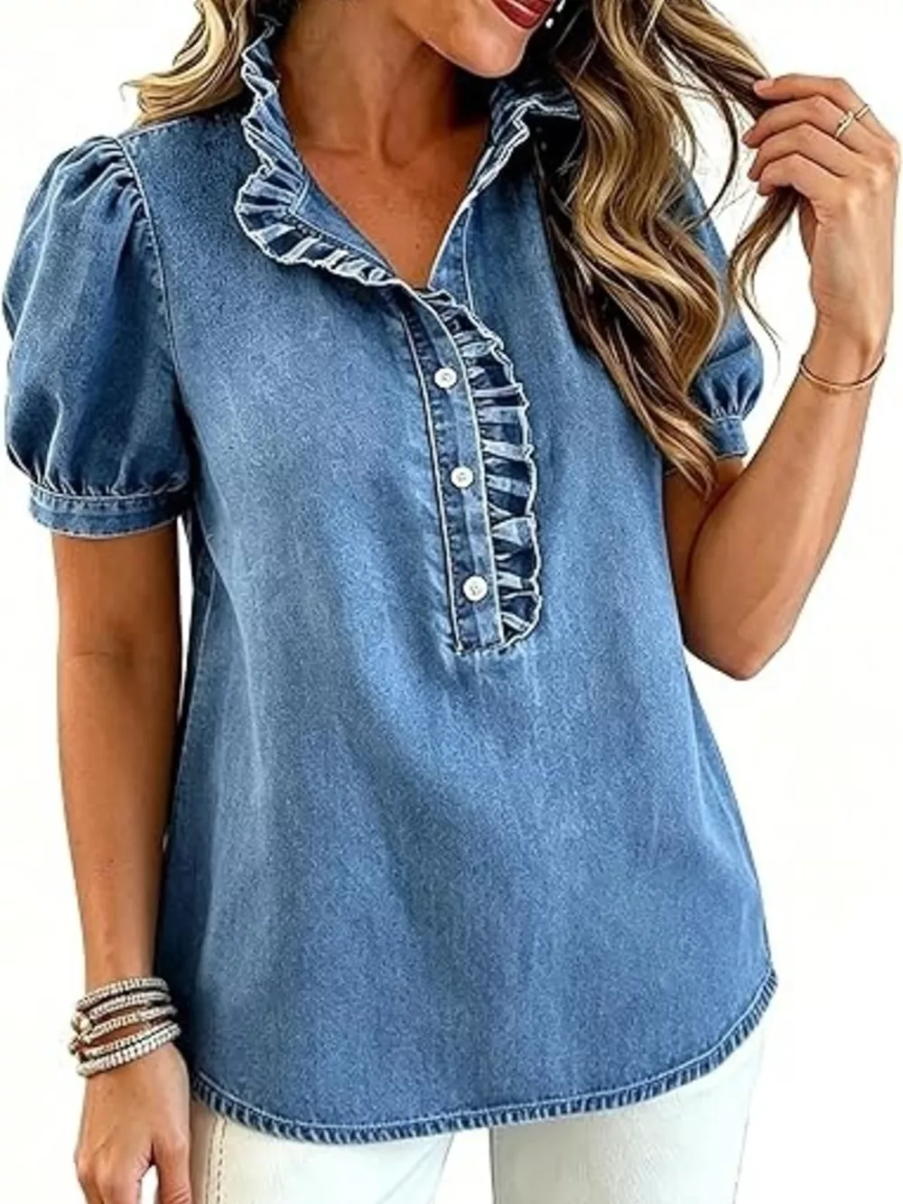 Frill Puff Sleeve Denim Top, image 9