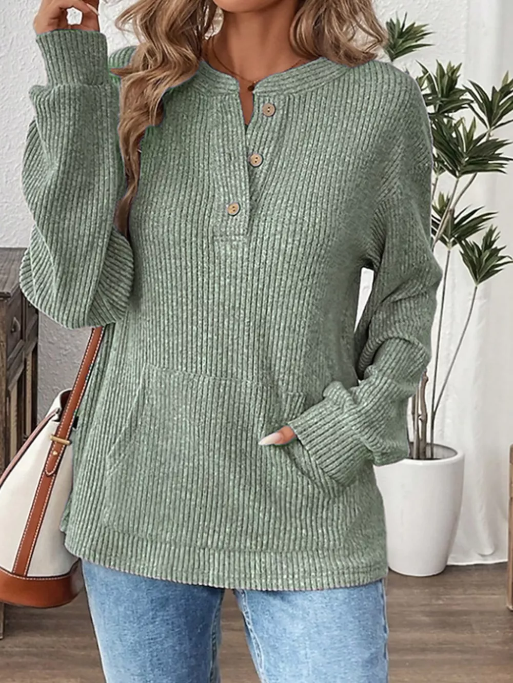 Ribbed Button Detail Long Sleeve T-Shirt, image 8
