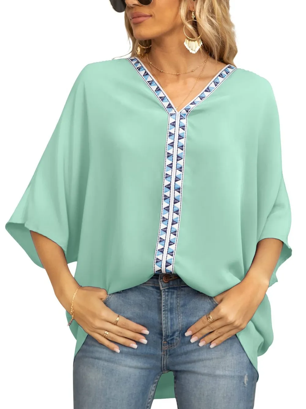 Oversized Contrast V-Neck Half Sleeve Blouse, image 12