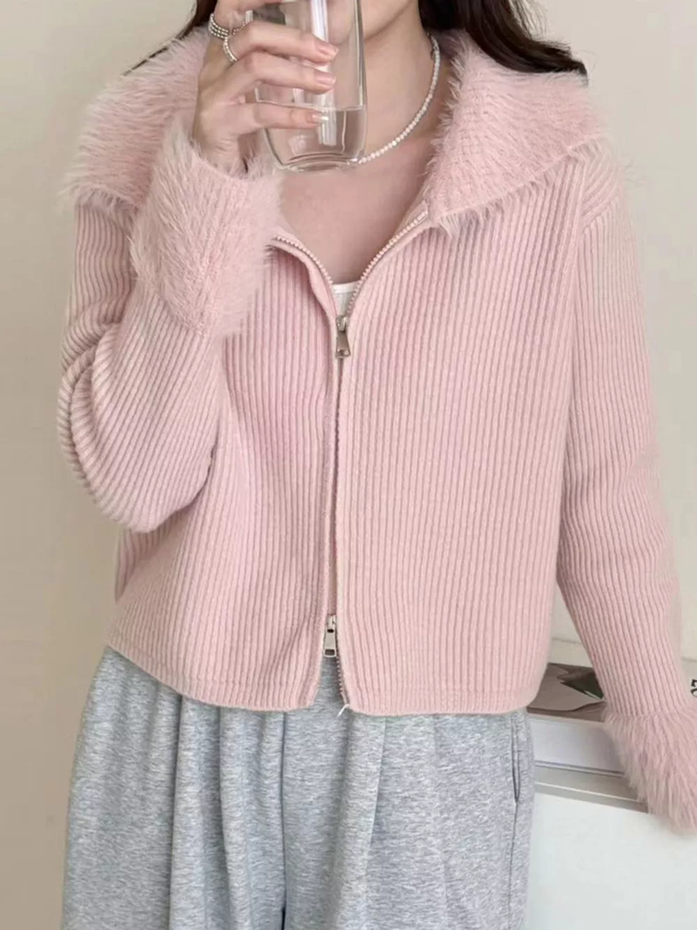 Fluffy Trim Zip-Up Cardigan, image 13