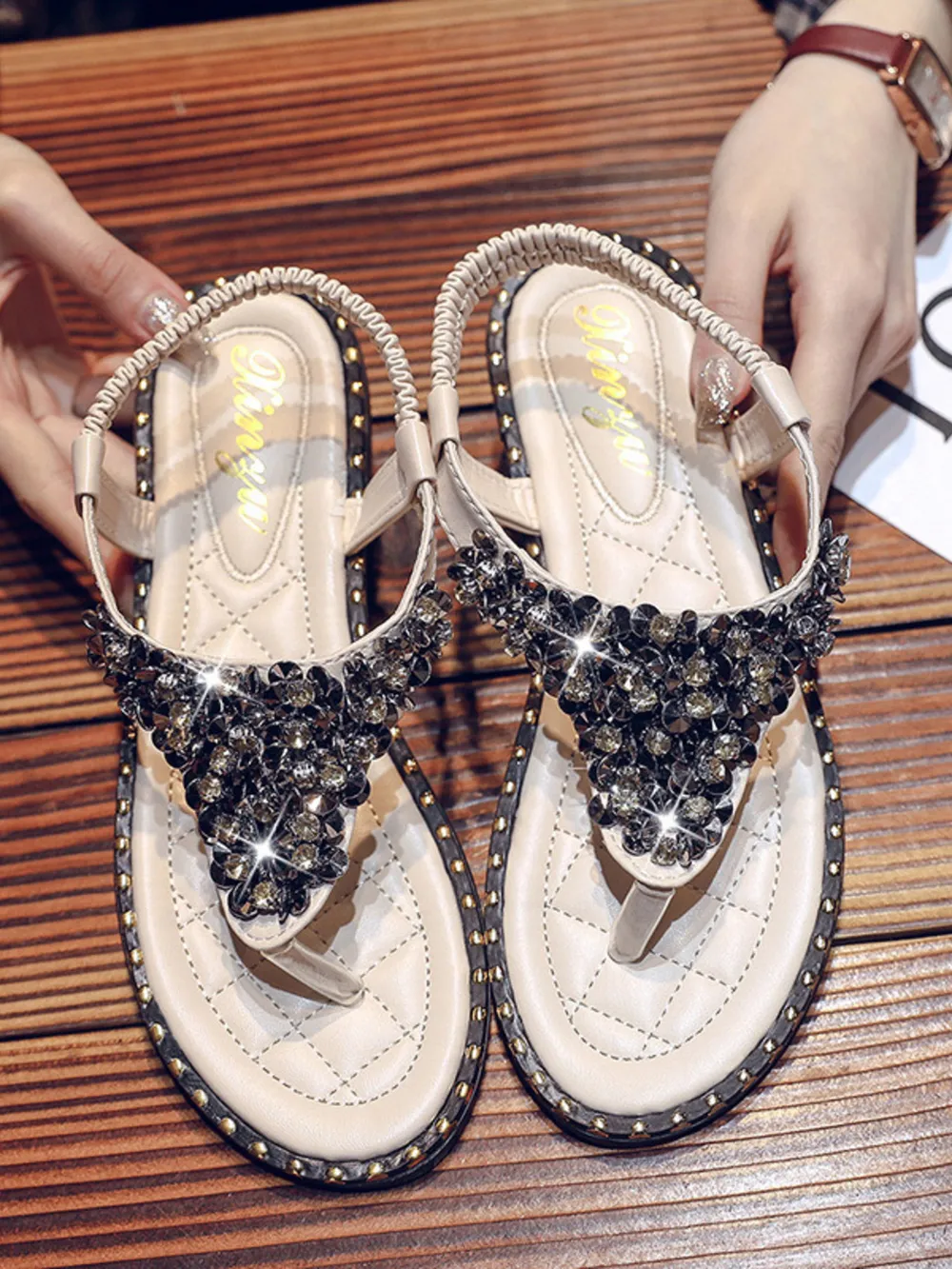 Rhinestone Embellished T-Strap Flat Sandals, image 5