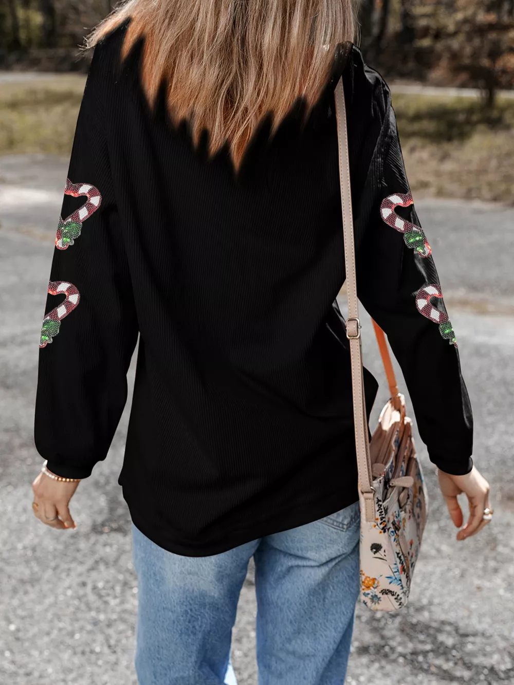 Sequin Christmas Candy Cane Heart Graphic Drop Shoulder Ribbed Sweatshirt, image 4
