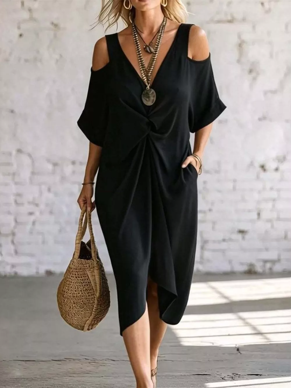 Full Size Cold Shoulder Twist Front Midi Dress Plus Size, image 2