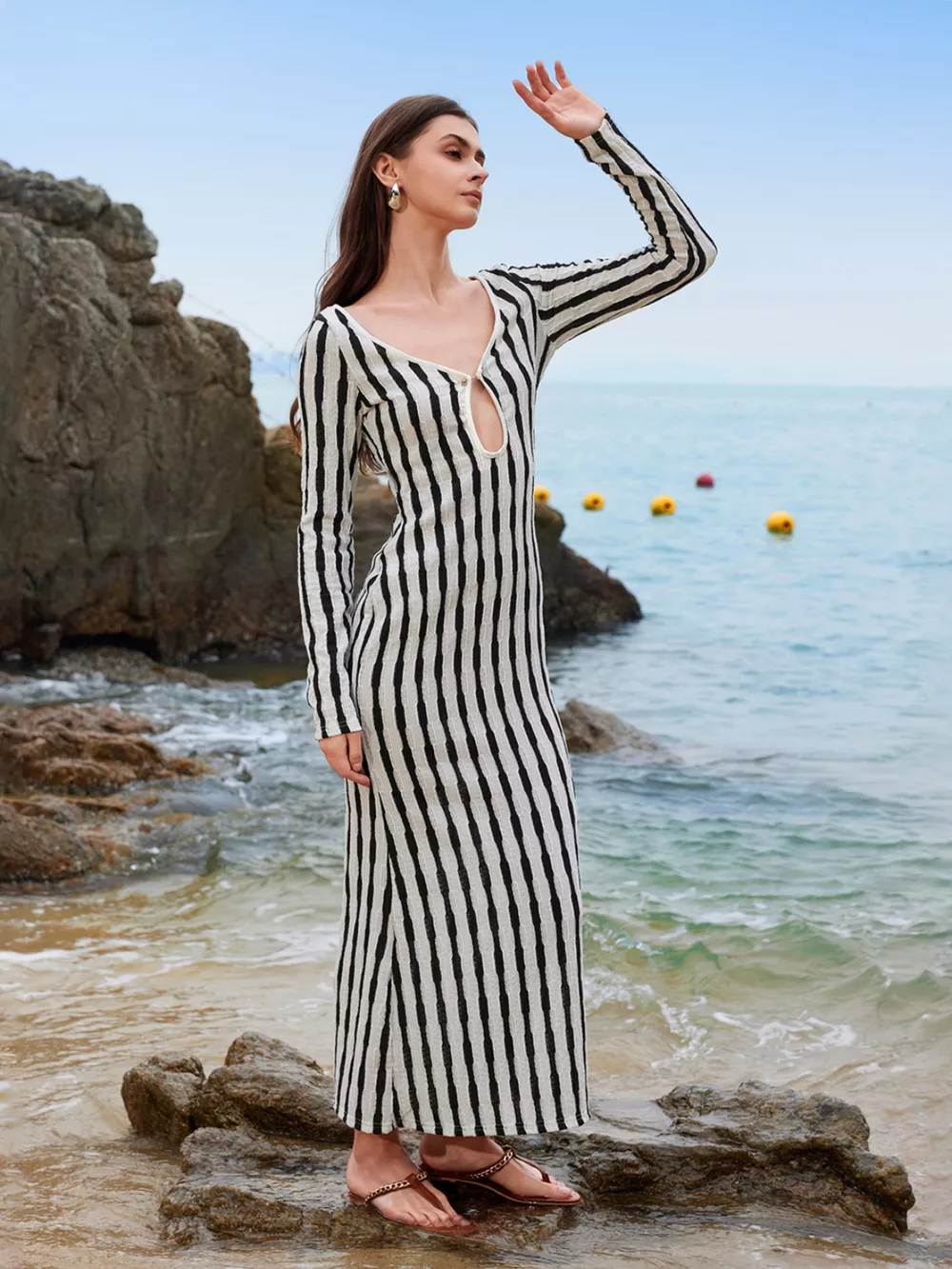 Striped Long Sleeve Beach Cover-Up Dress, image 3