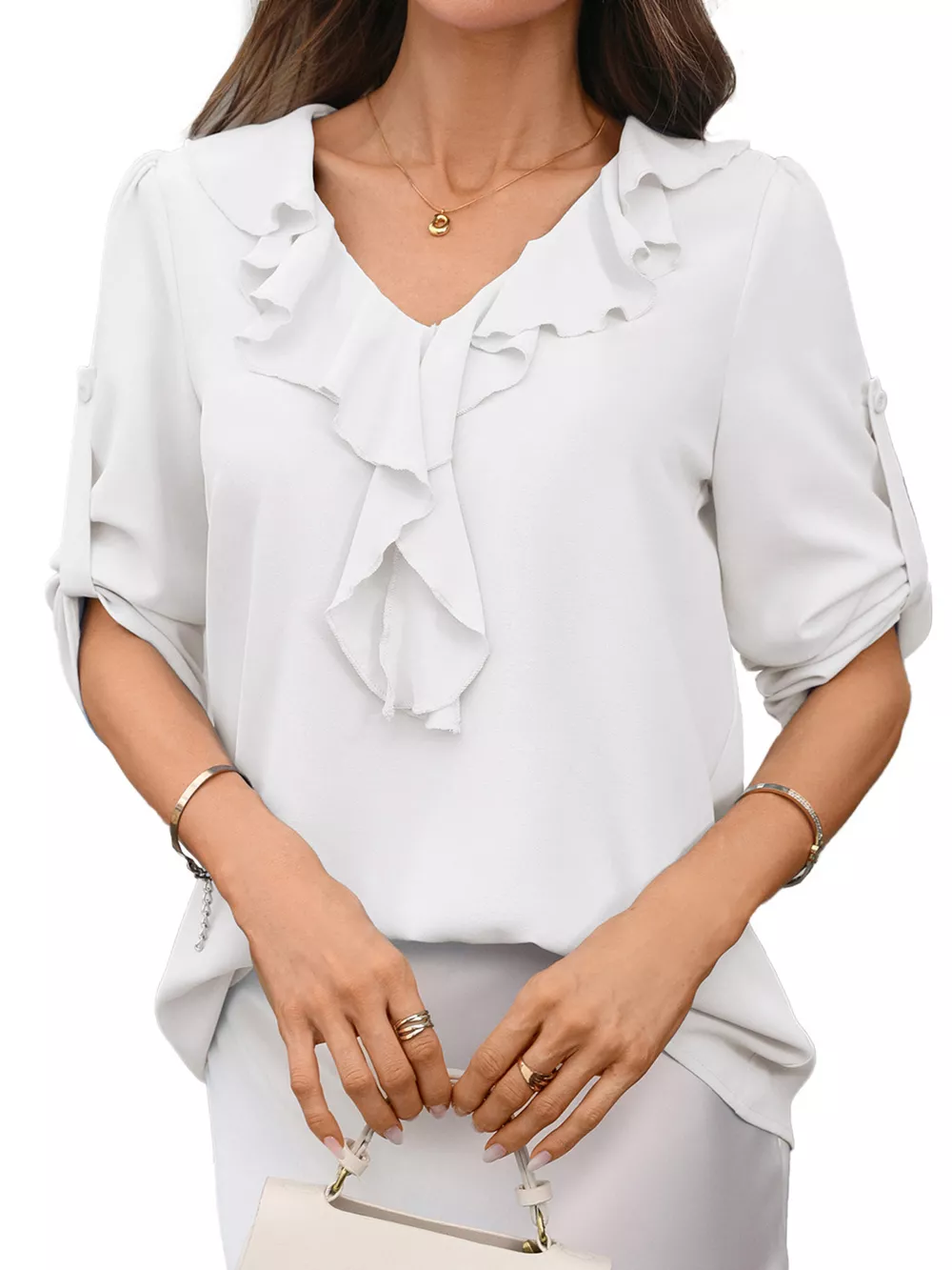 Ruffled V-Neck Roll-Up Sleeves Blouse, image 14