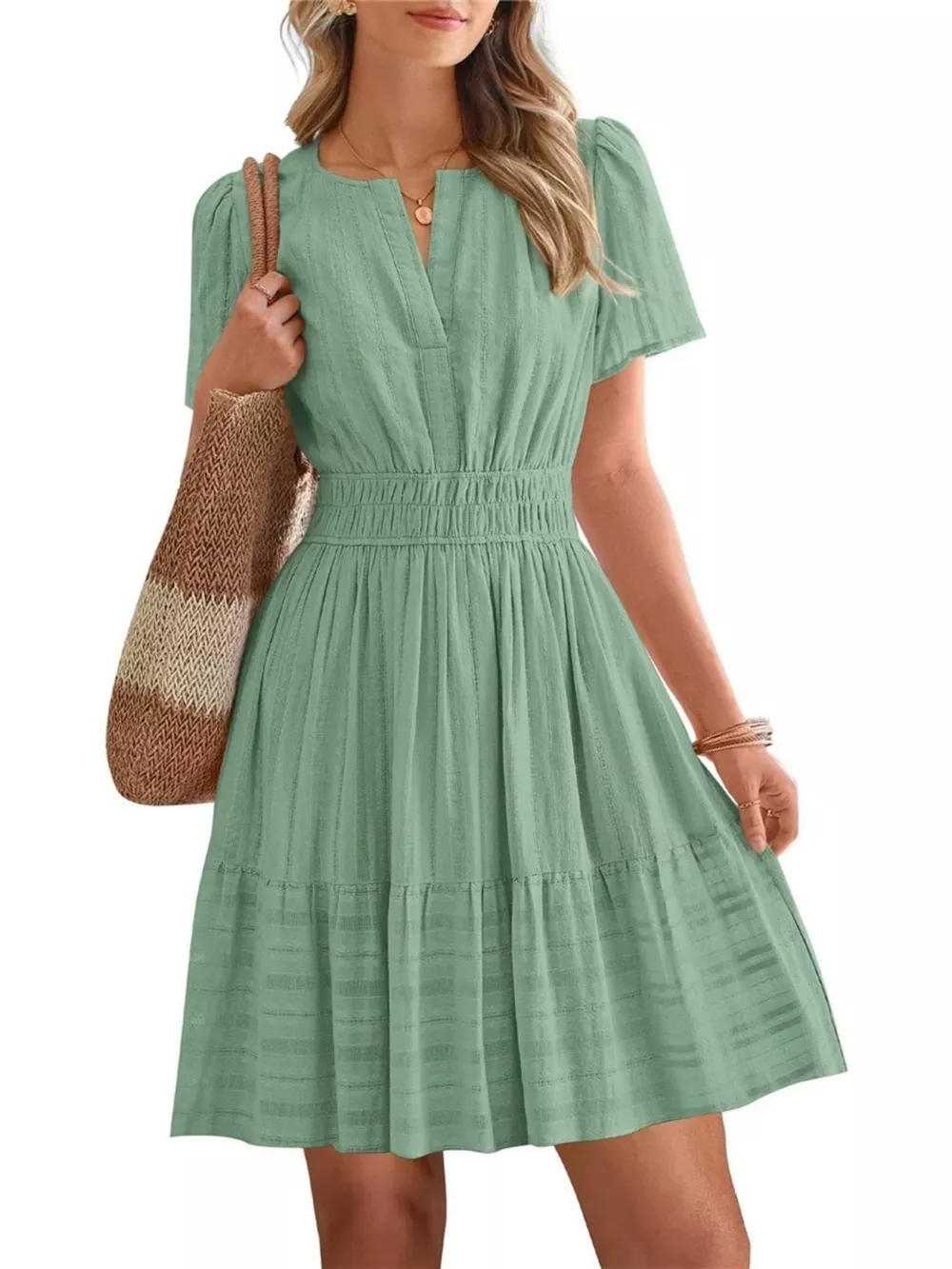 Short Sleeve Smocked Waist Tiered Dress, image 15