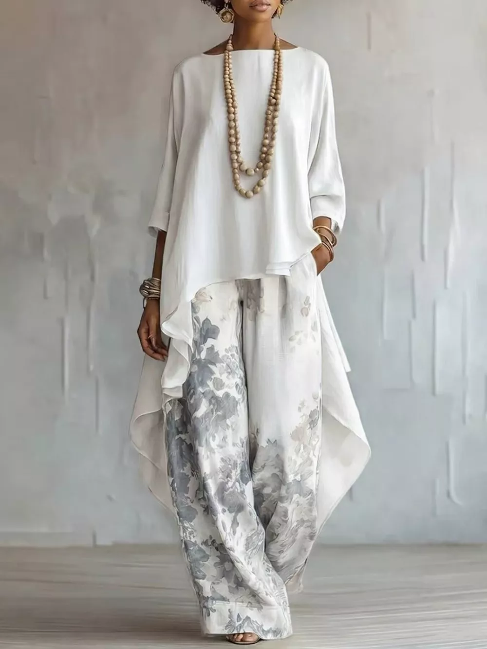 Asymmetrical Hem Top and Floral Pants Set, image 2