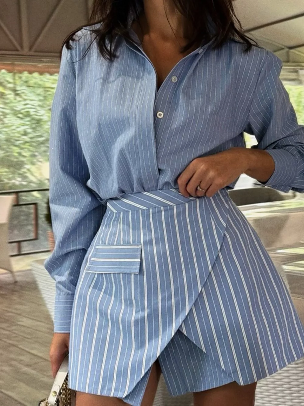 Striped Shirt and Asymmetrical Mini Skirt Set, image 2
