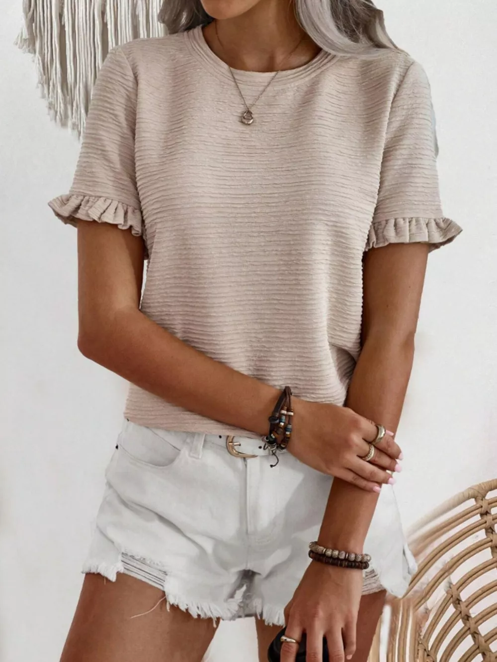 Textured Ruffle Sleeve Round Neck T-Shirt, image 20