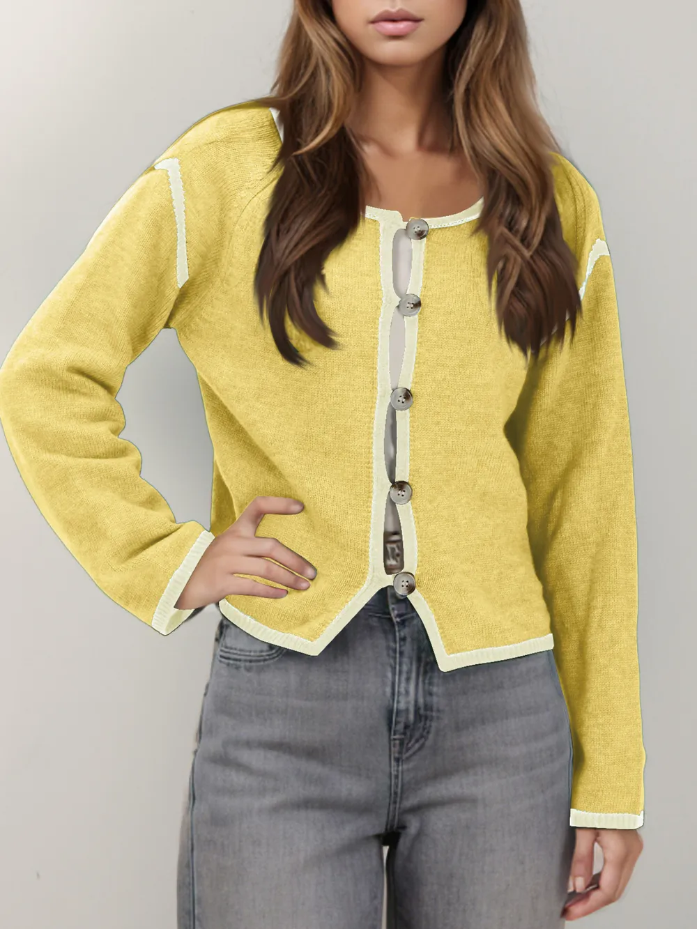 Button-Front Cardigan with Contrast Trim, image 10