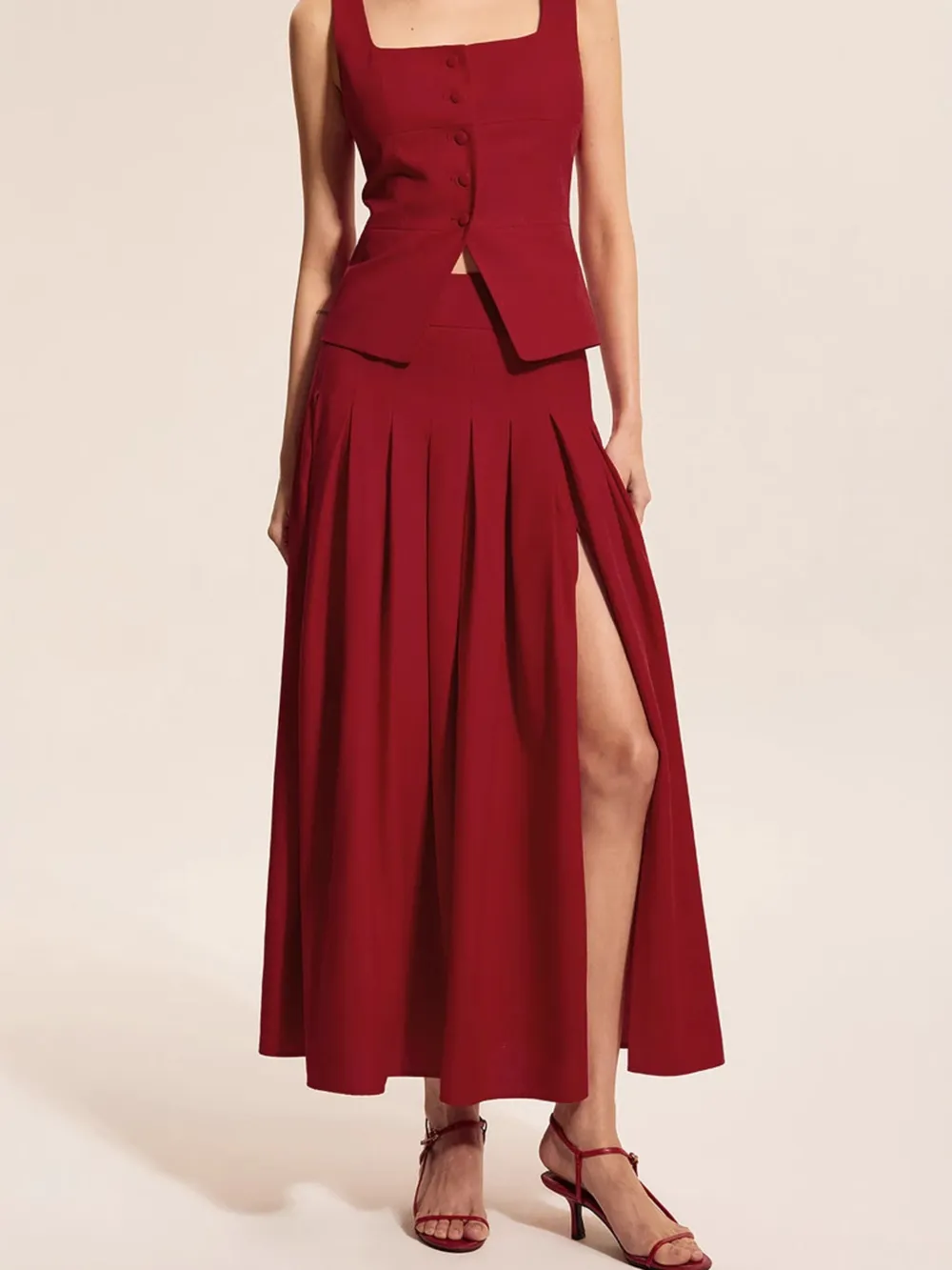 Square Neck Tank and Pleated Slit Skirt Set, image 3