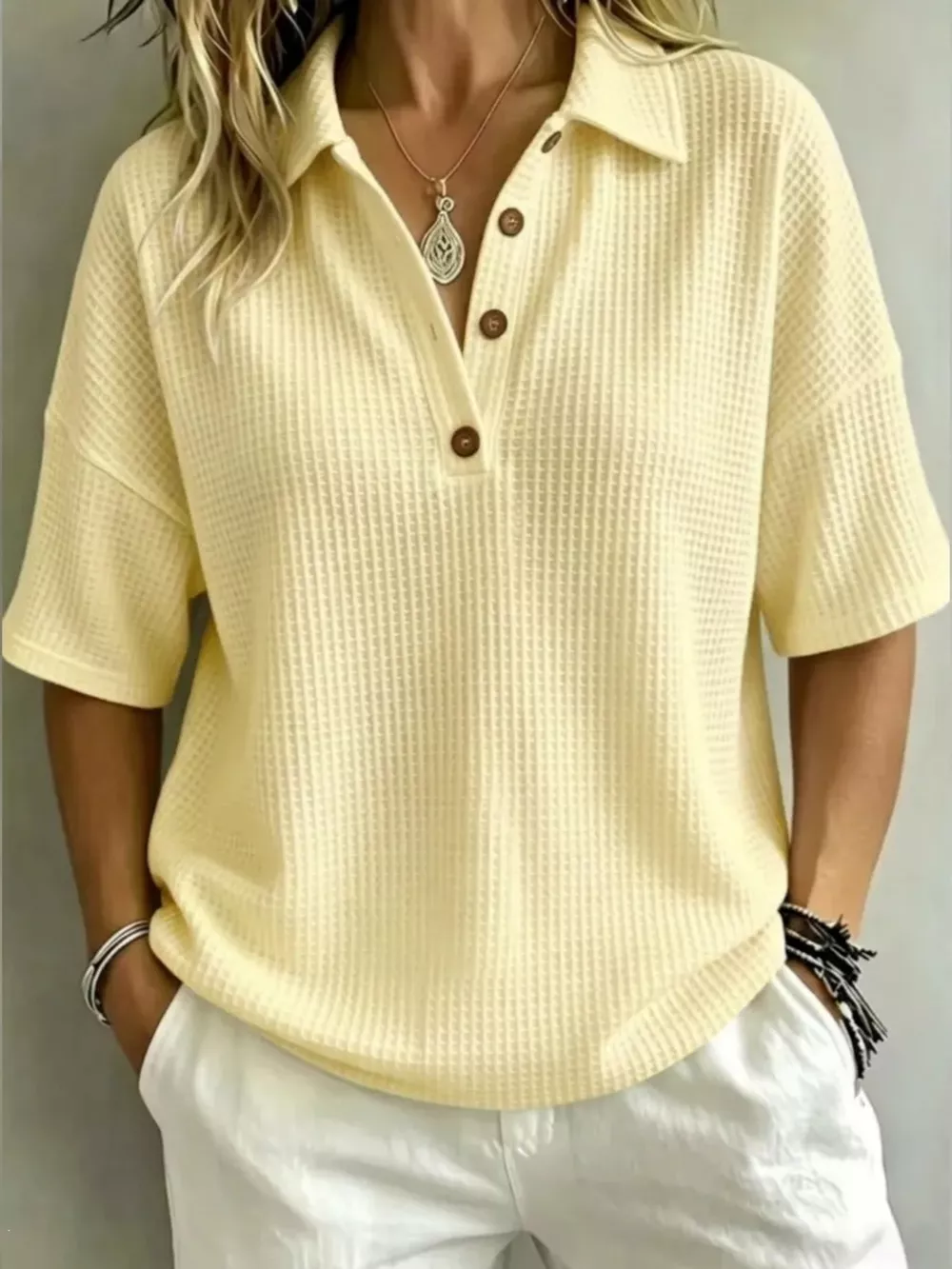Full Size Waffle Knit Polo Top with Button Detail Plus Size, image 8