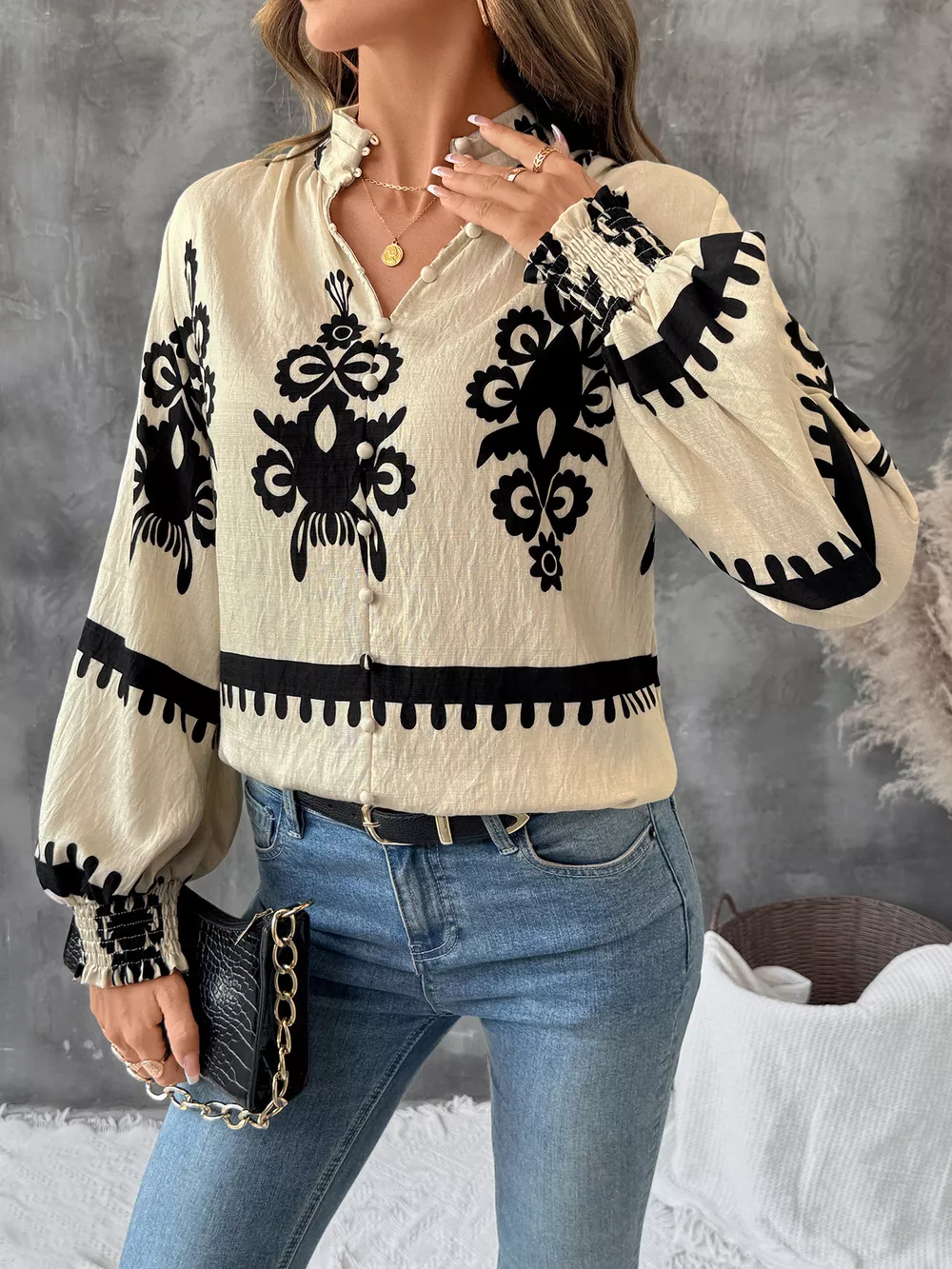 Printed Notched Lantern Sleeve Blouse, image 6
