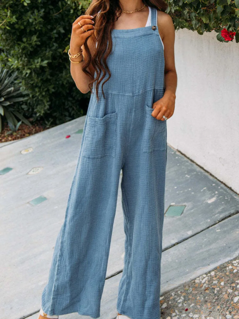 Full Size Casual Wide Leg Textured Overalls Plus Size, image 15