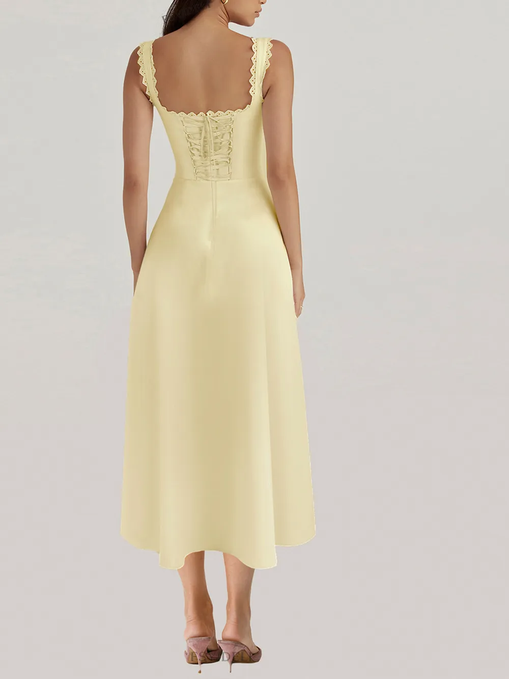 Scalloped V-Neck Midi Dress with Back Lace-Up, image 5