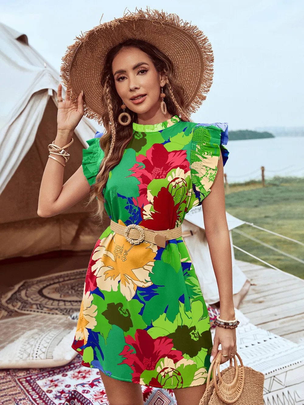 Printed Ruffled Cap Sleeve Mini Dress, image 7