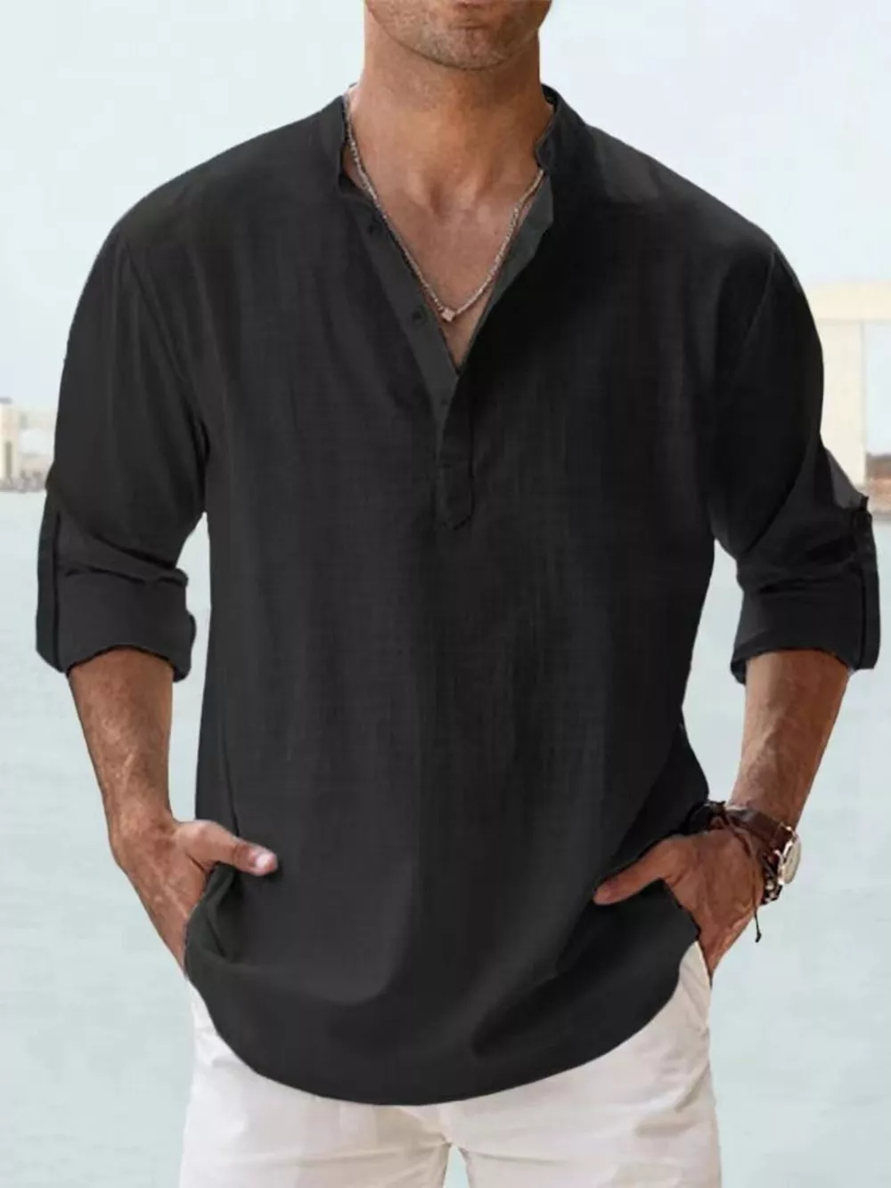 Men's Full Size Casual Button Detail Roll-Up Sleeve Blouse Plus Size, image 8