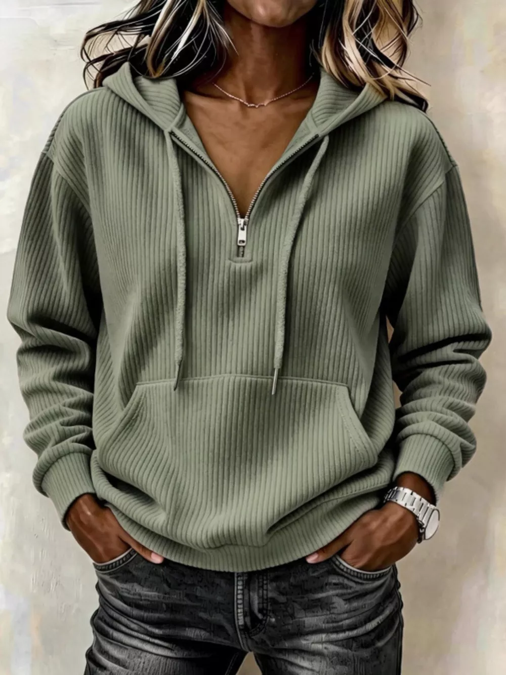 Ribbed Knit Quarter-Zip Hoodie, image 16