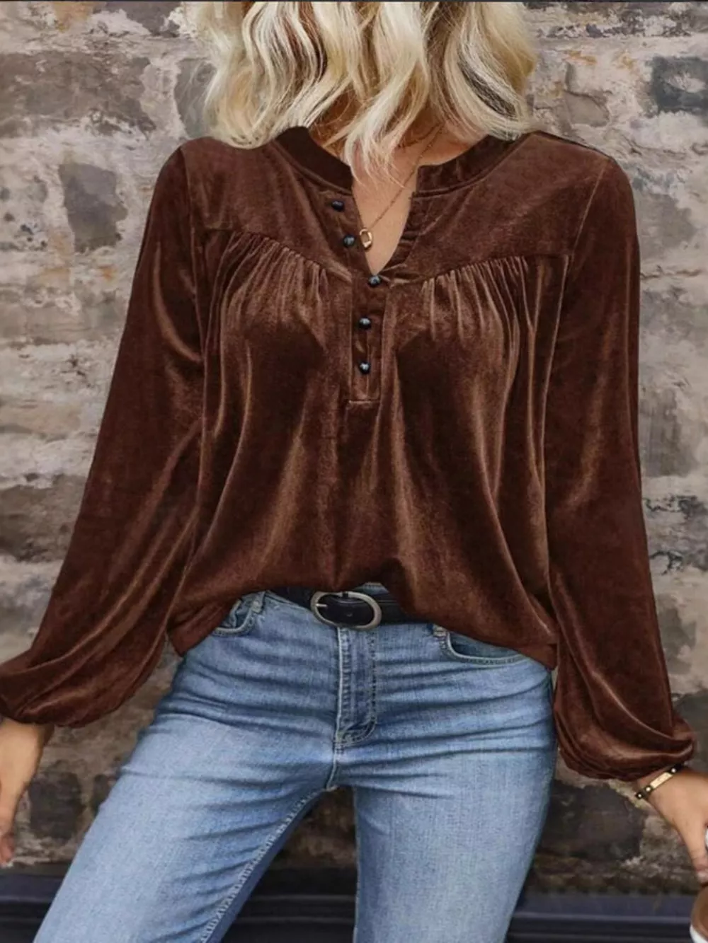 Velvet Notched Long Sleeve Blouse, image 8