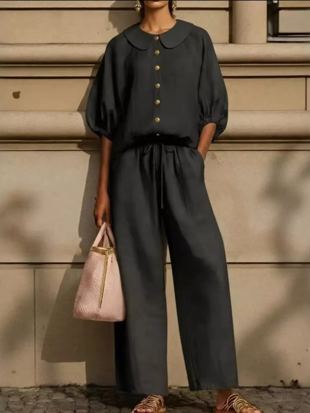 Full Size Button Down Half Sleeve Top and Pants Set Plus Size, image 3
