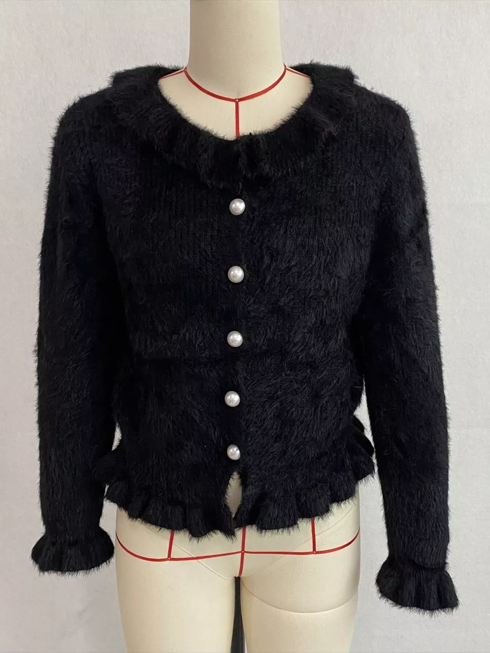 Soft Fuzzy Cardigan with Ruffled Collar and Pearl Buttons, image 29