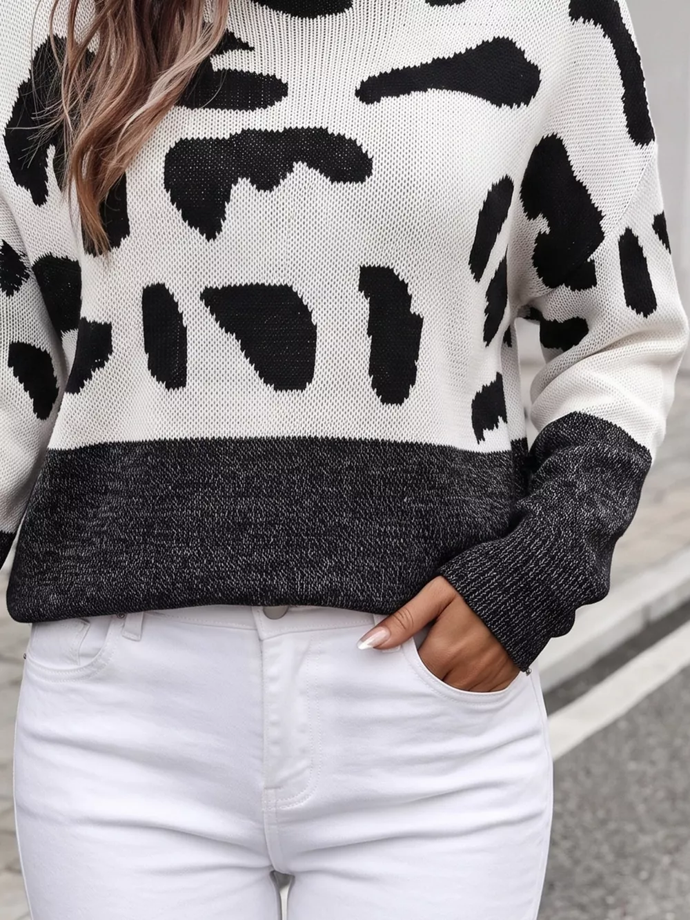 Full Size Off-Shoulder Colorblock Animal Print Sweater Plus Size, image 11