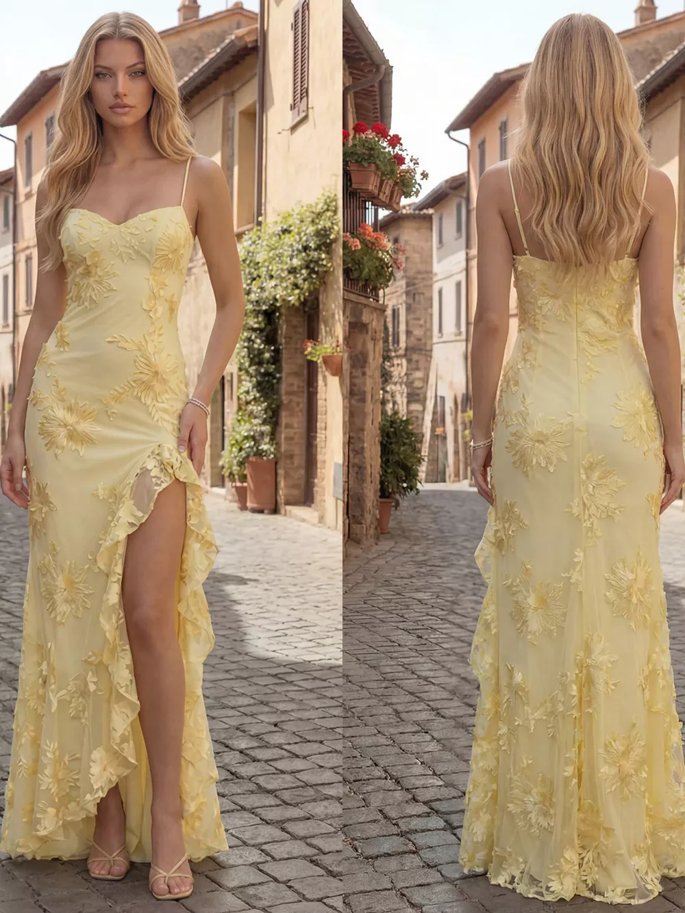 Ruffled Trim Slit Floral Maxi Dress, image 6