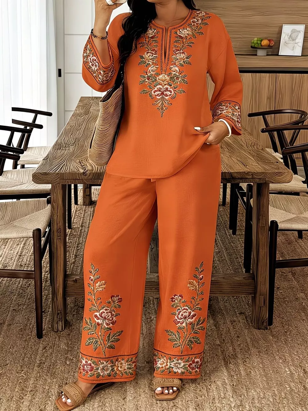 Full Size Embroidered Long Sleeve Top and Pants Set Plus Size, image 12