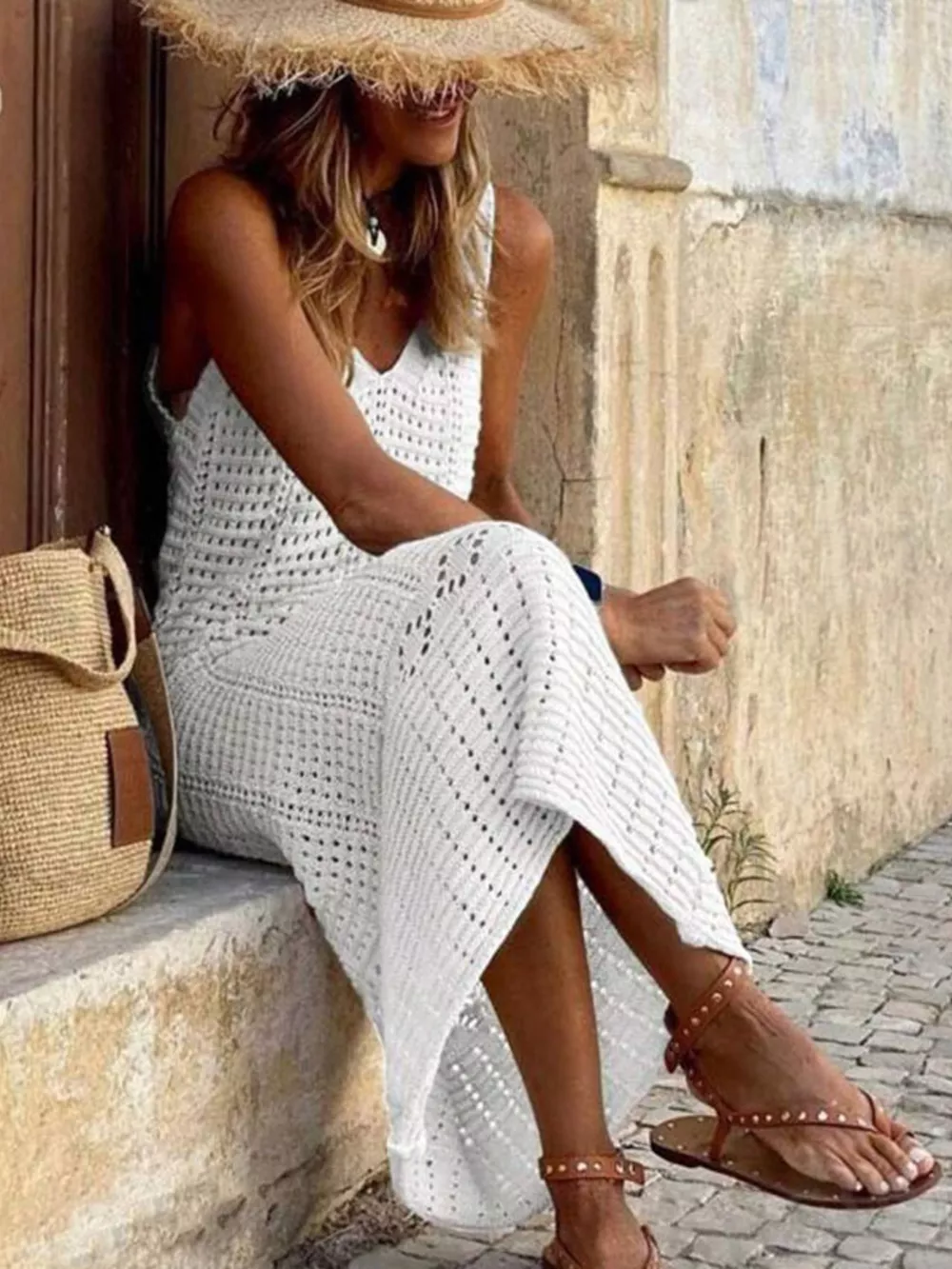 Sleeveless Crochet Knit Cover Up Maxi Dress, image 11