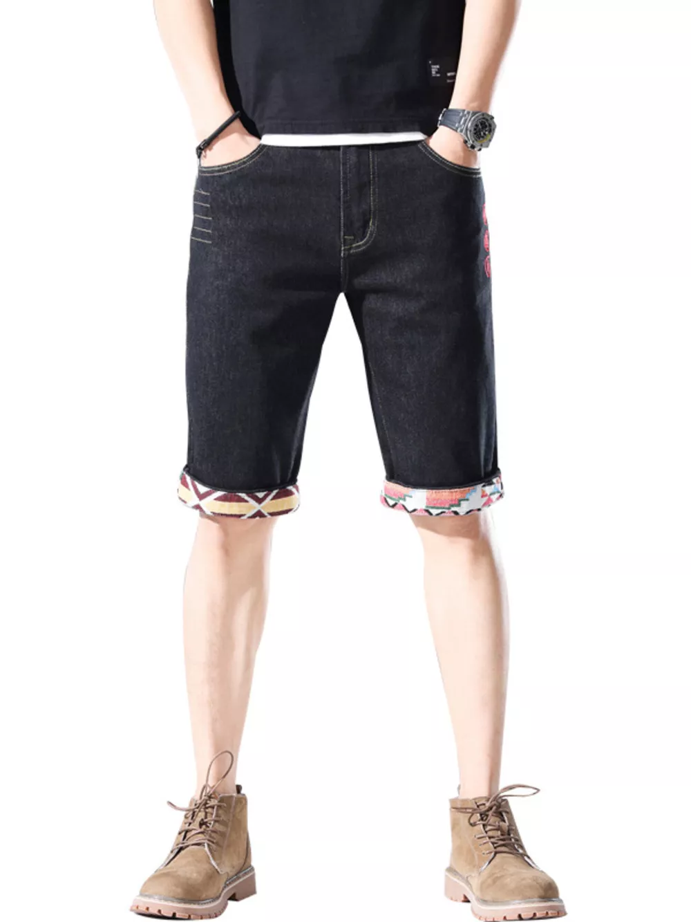 Men's Wash Denim Shorts with Rolled Cuffs