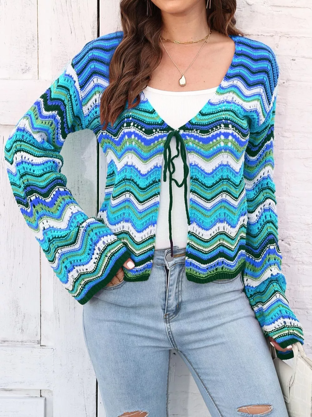 Vibrant Chevron Striped Tie-Front Knit Cardigan, image 9