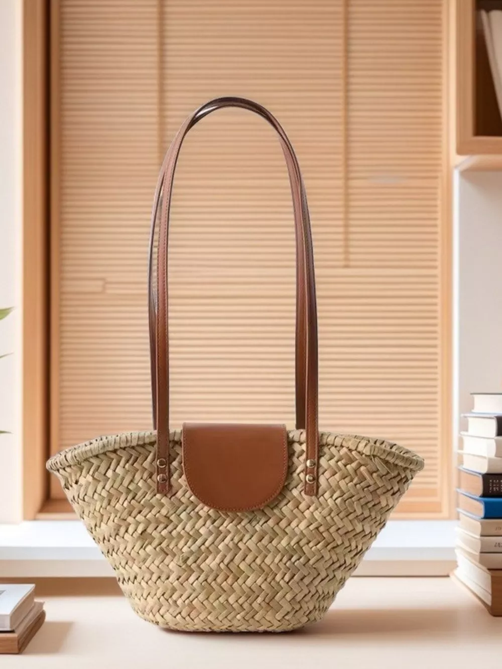 Woven Straw Shoulder Bag with Leather Accents, image 5