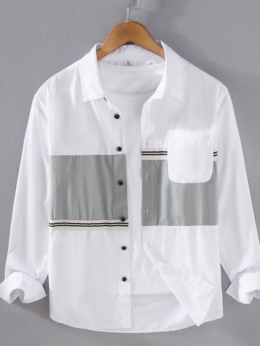Men's Plus Size Color Block Button Up Long Sleeve Shirt, image 3