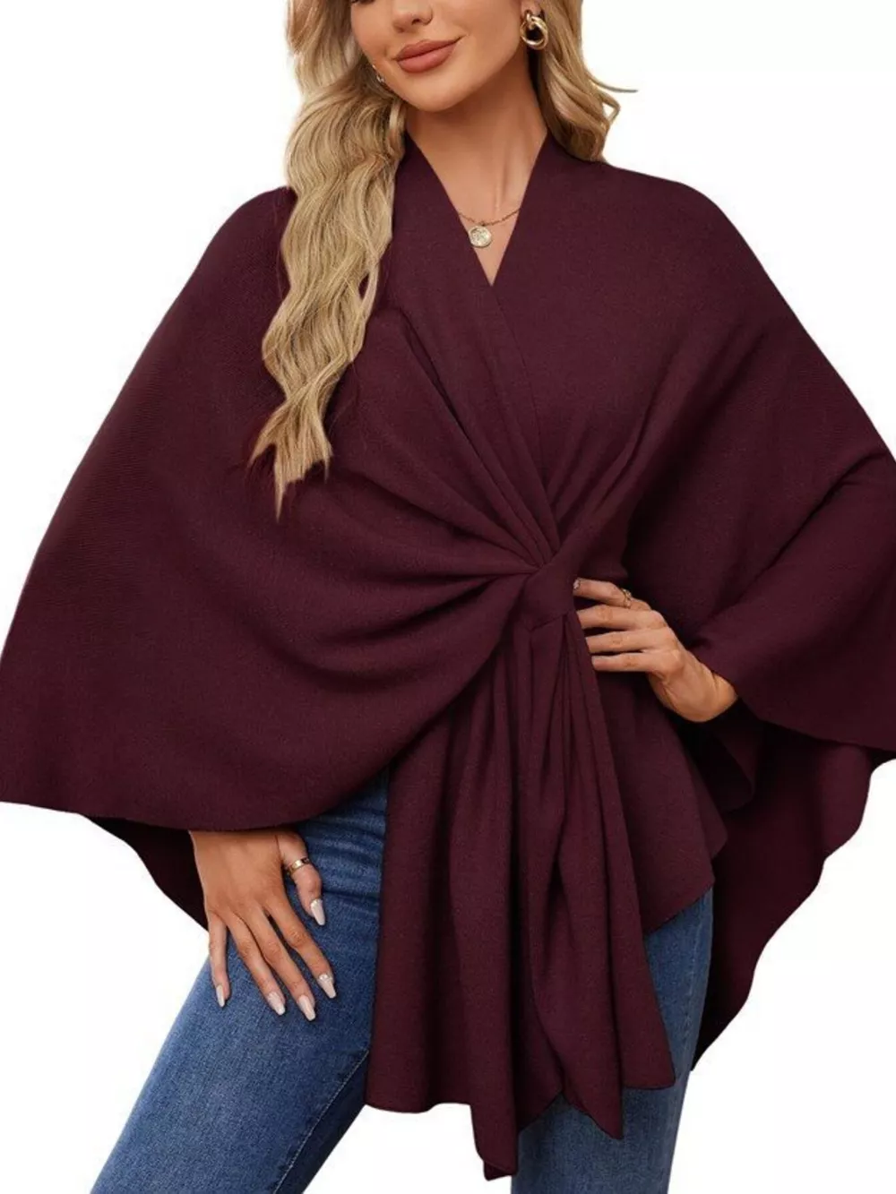 Solid Color Tie-Front Knit Cape Top, image 22