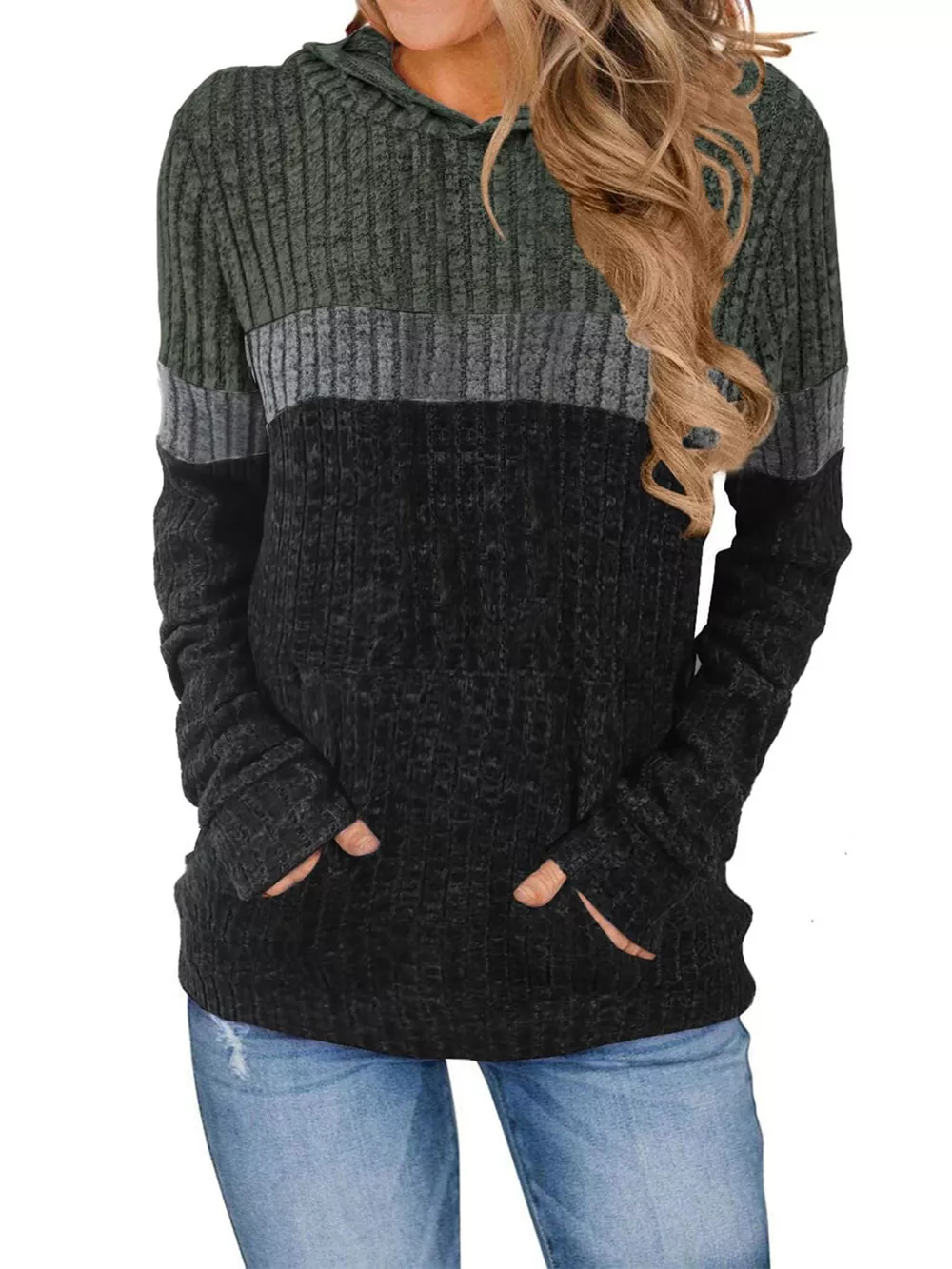 Full Size Color Block Ribbed Knit Hoodie Plus Size