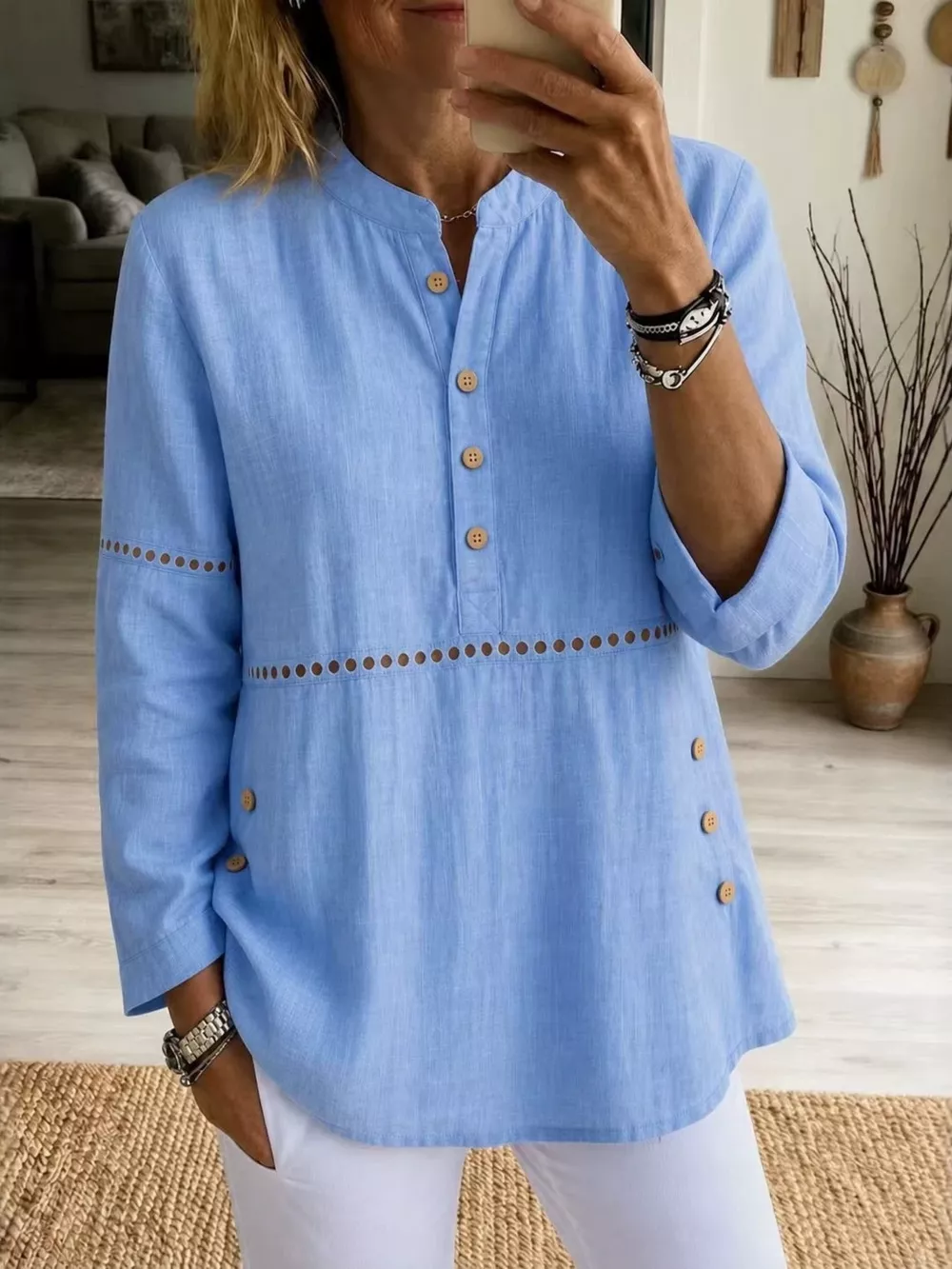 Full Size Button Detail Eyelet Long Sleeve Blouse Plus Size, image 5