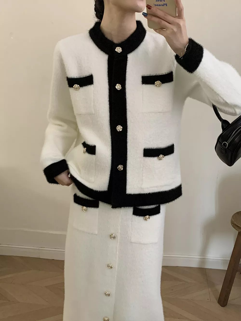 Contrast Trim Jacket and Skirts Sweater Set, image 5