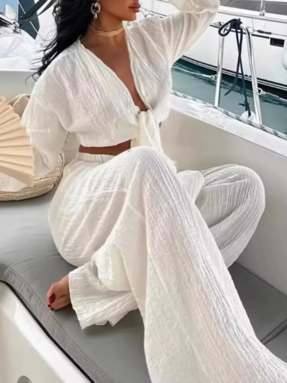 Textured Tie-Front Crop Top and Wide Leg Pants Set, image 2