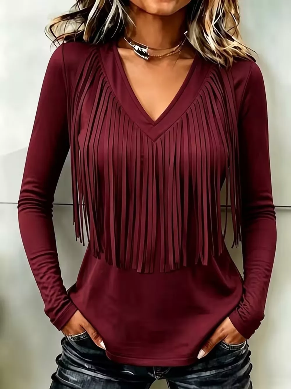 Fringe V-Neck Long Sleeve T-Shirt, image 11