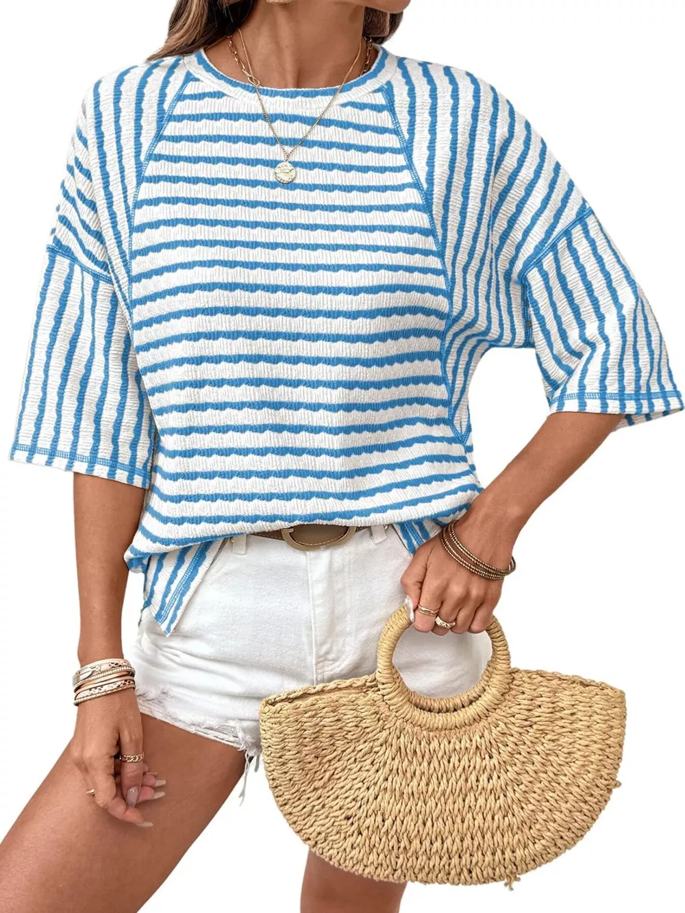 Casual Striped Raglan Sleeve Textured T-Shirt, image 5