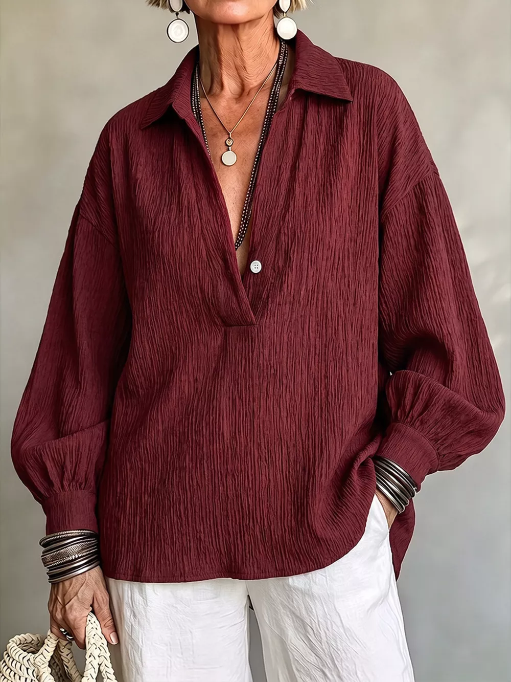 Full Size Textured Lantern Sleeves Blouse Plus Size, image 5