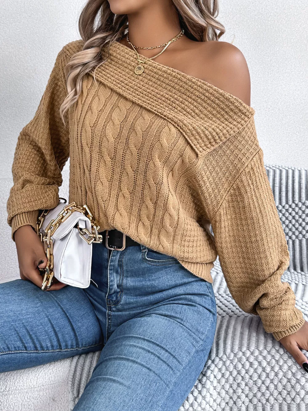 One Shoulder Cable Knit Sweater, image 10