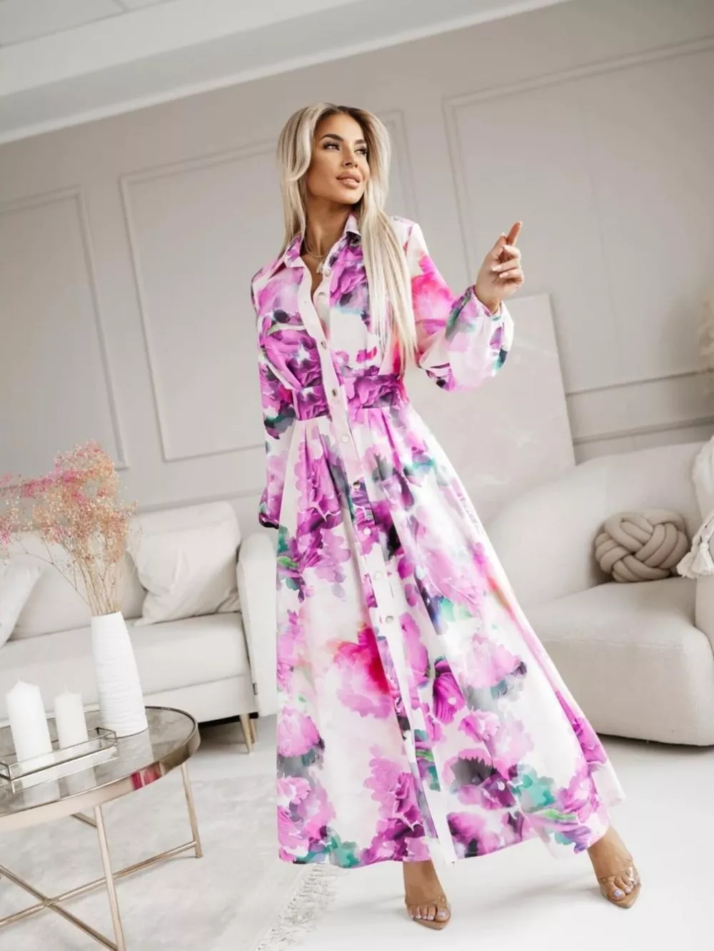 Printed Button Front Maxi Shirt Dress, image 14